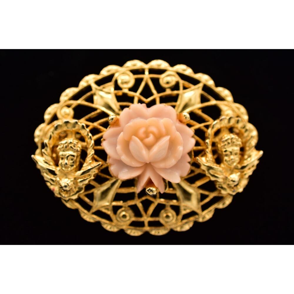 Vintage Filigree Pink Rose Pin Brooch Gold Tone Romantic Floral 1980s BinBP